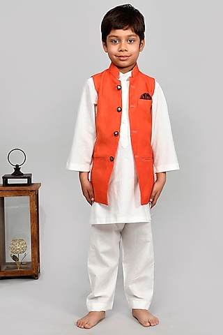 Orange Bundi Jacket With Kurta Set For Boys by Yuvrani Jaipur Kidswear