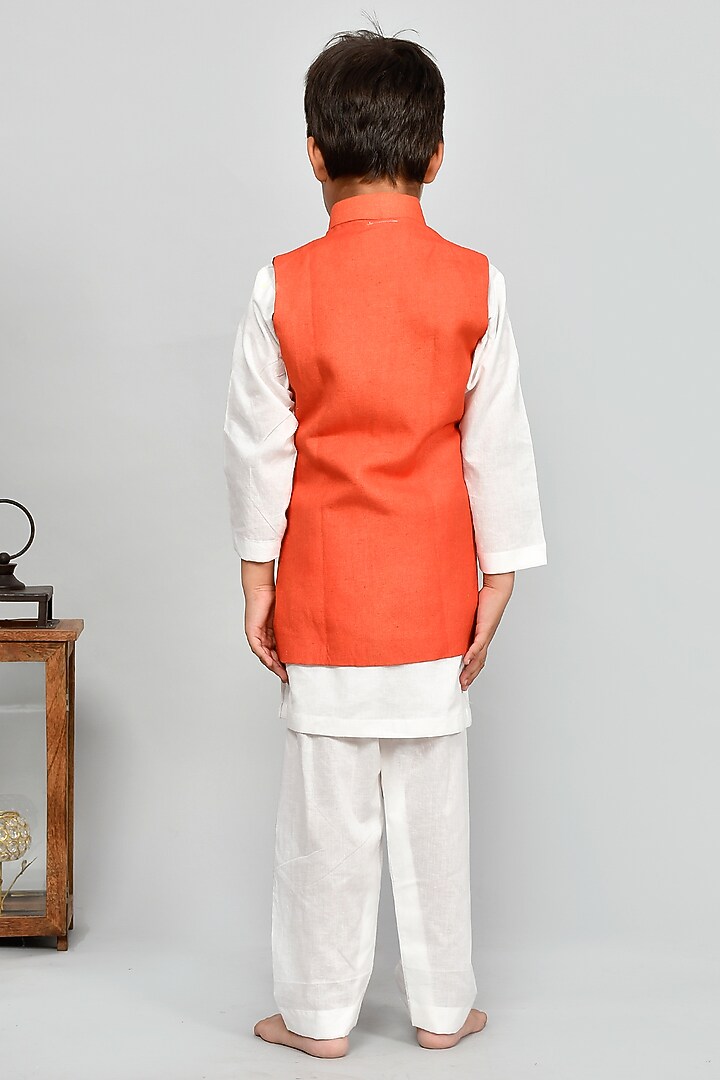 Orange Bundi Jacket With Kurta Set For Boys by Yuvrani Jaipur Kidswear at Pernia's Pop Up Shop