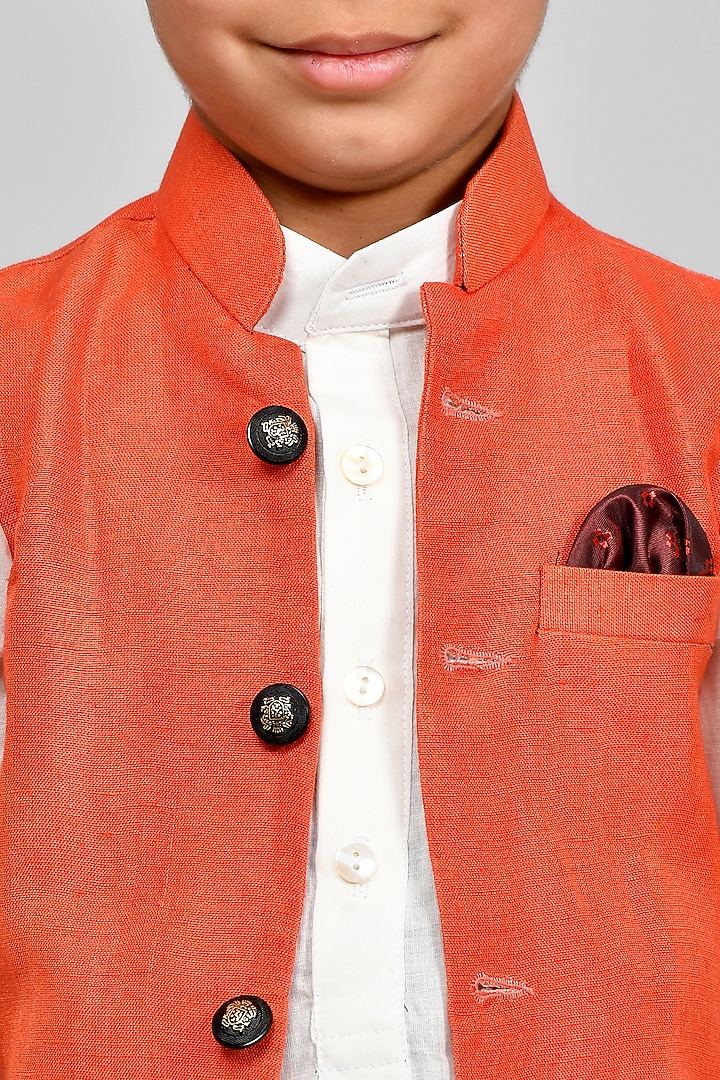 Orange Bundi Jacket With Kurta Set For Boys by Yuvrani Jaipur Kidswear at Pernia's Pop Up Shop