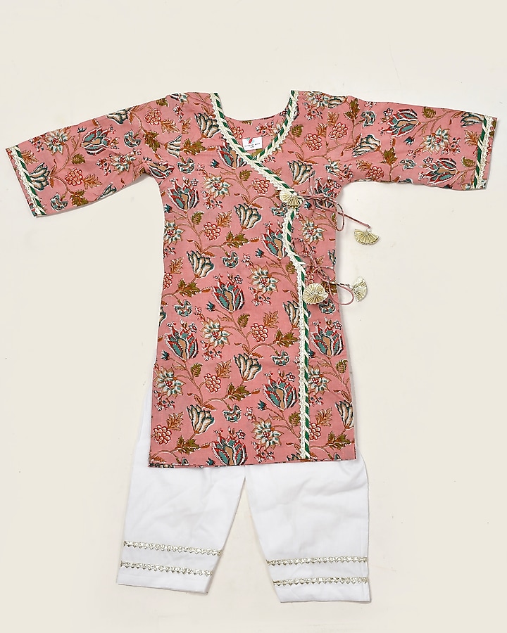 Peach Block Printed Kurta Set For Girls by Yuvrani Jaipur Kidswear