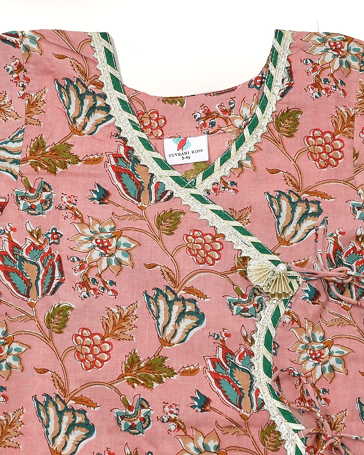 Peach Block Printed Kurta Set For Girls by Yuvrani Jaipur Kidswear at Pernia's Pop Up Shop