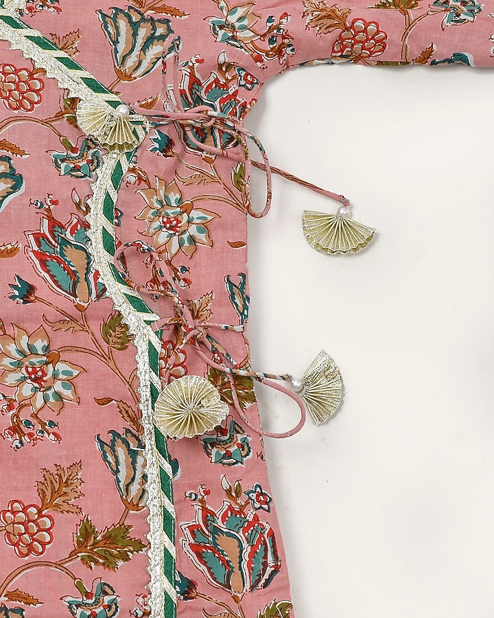 Peach Block Printed Kurta Set For Girls by Yuvrani Jaipur Kidswear at Pernia's Pop Up Shop