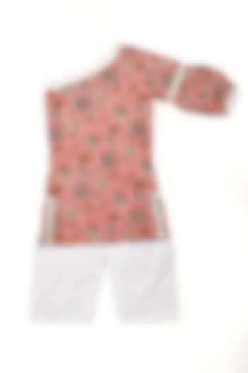 Peach Printed One-Shoulder Kurta Set For Girls by Yuvrani Jaipur Kidswear