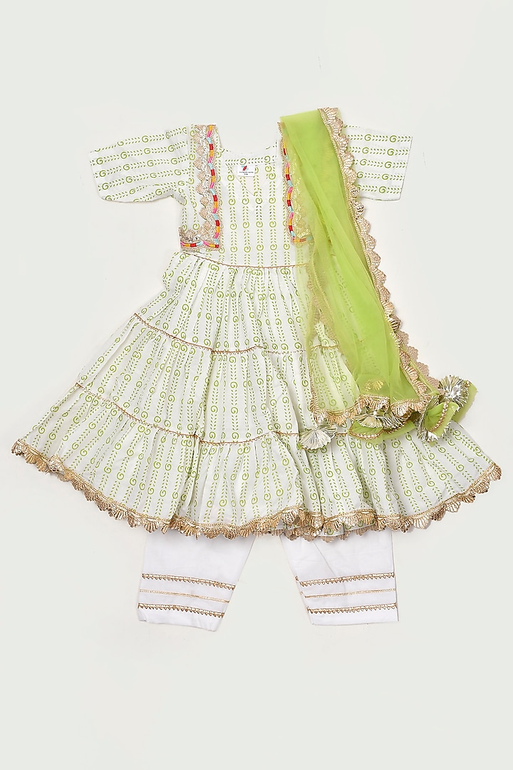 Ivory & Green Cotton Anarkali Set For Girls by Yuvrani Jaipur Kidswear