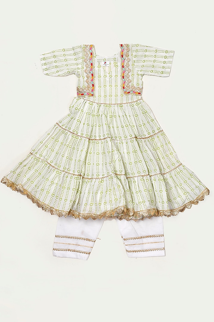 Ivory & Green Cotton Anarkali Set For Girls by Yuvrani Jaipur Kidswear at Pernia's Pop Up Shop