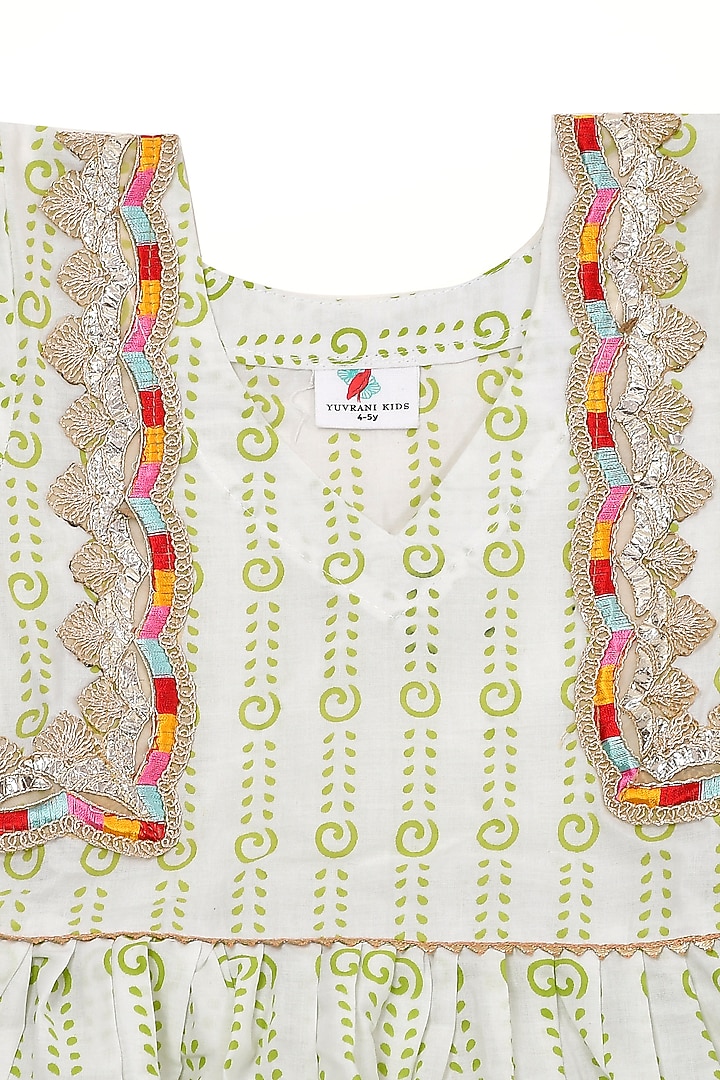 Ivory & Green Cotton Anarkali Set For Girls by Yuvrani Jaipur Kidswear at Pernia's Pop Up Shop