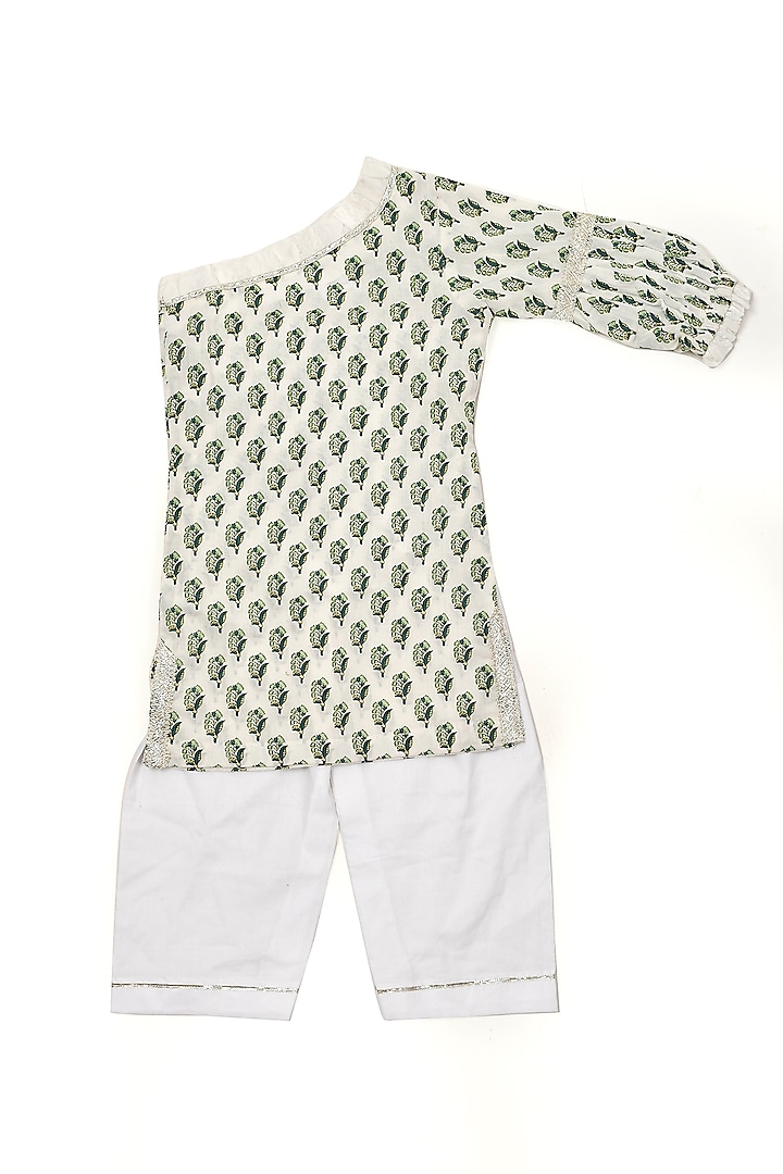 Green Printed One-Shoulder Kurta Set For Girls by Yuvrani Jaipur Kidswear