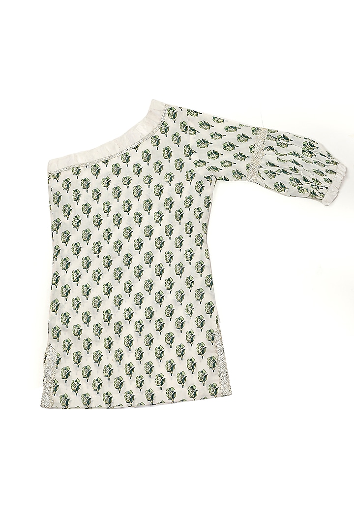 Green Printed One-Shoulder Kurta Set For Girls by Yuvrani Jaipur Kidswear at Pernia's Pop Up Shop