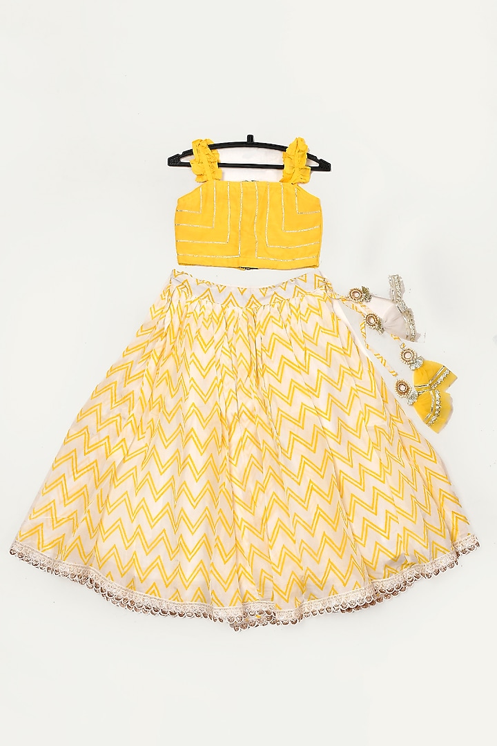 Ivory & Butter Yellow Printed Skirt Set For Girls by Yuvrani Jaipur Kidswear