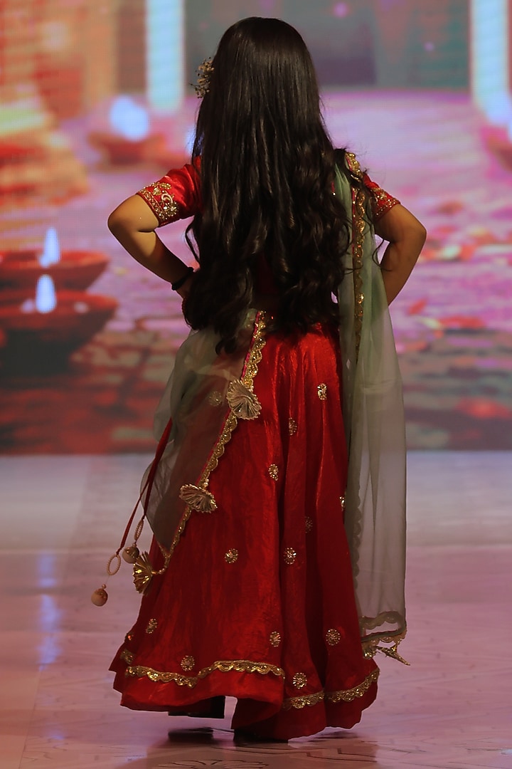 Cherry Red Silk Hand Embroidered Lehenga Set For Girls by Yuvrani Jaipur Kidswear at Pernia's Pop Up Shop