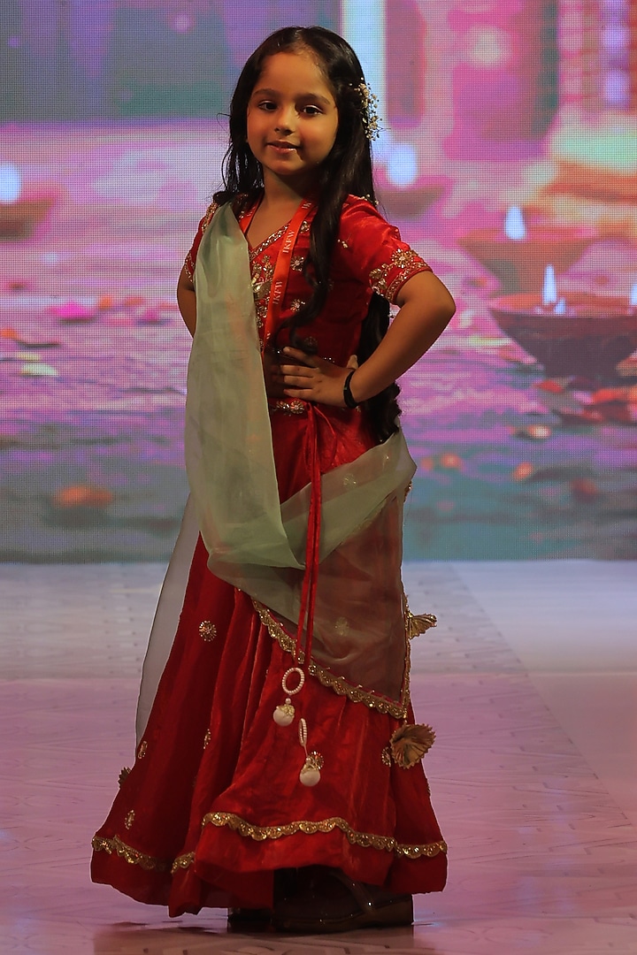 Cherry Red Silk Hand Embroidered Lehenga Set For Girls by Yuvrani Jaipur Kidswear at Pernia's Pop Up Shop
