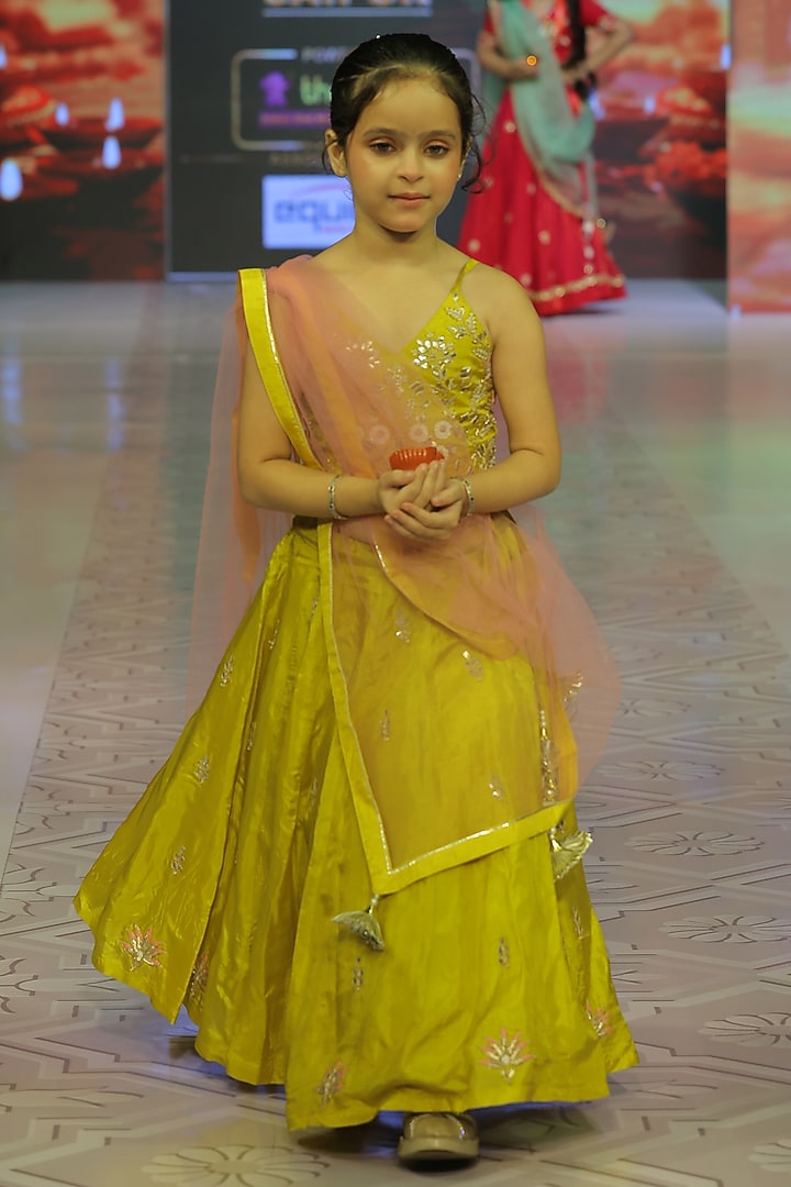 Golden Yellow Pure Spun Hand Embroidered Lehenga Set For Girls by Yuvrani Jaipur Kidswear at Pernia's Pop Up Shop