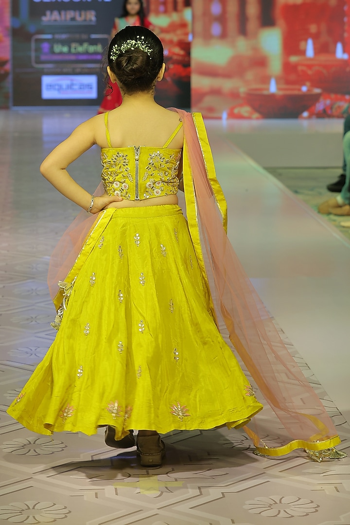 Golden Yellow Pure Spun Hand Embroidered Lehenga Set For Girls by Yuvrani Jaipur Kidswear at Pernia's Pop Up Shop