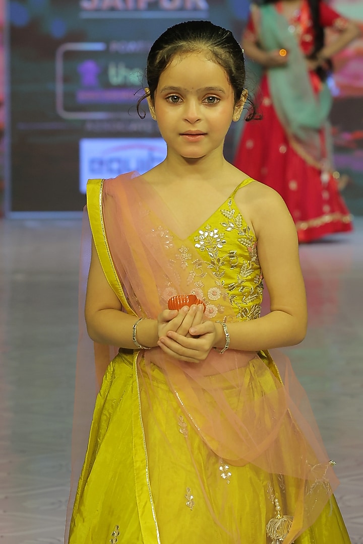 Golden Yellow Pure Spun Hand Embroidered Lehenga Set For Girls by Yuvrani Jaipur Kidswear at Pernia's Pop Up Shop