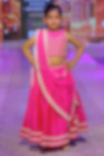 Fuchsia Pink Taffeta Silk Hand Embroidered Lehenga Set For Girls by Yuvrani Jaipur Kidswear at Pernia's Pop Up Shop