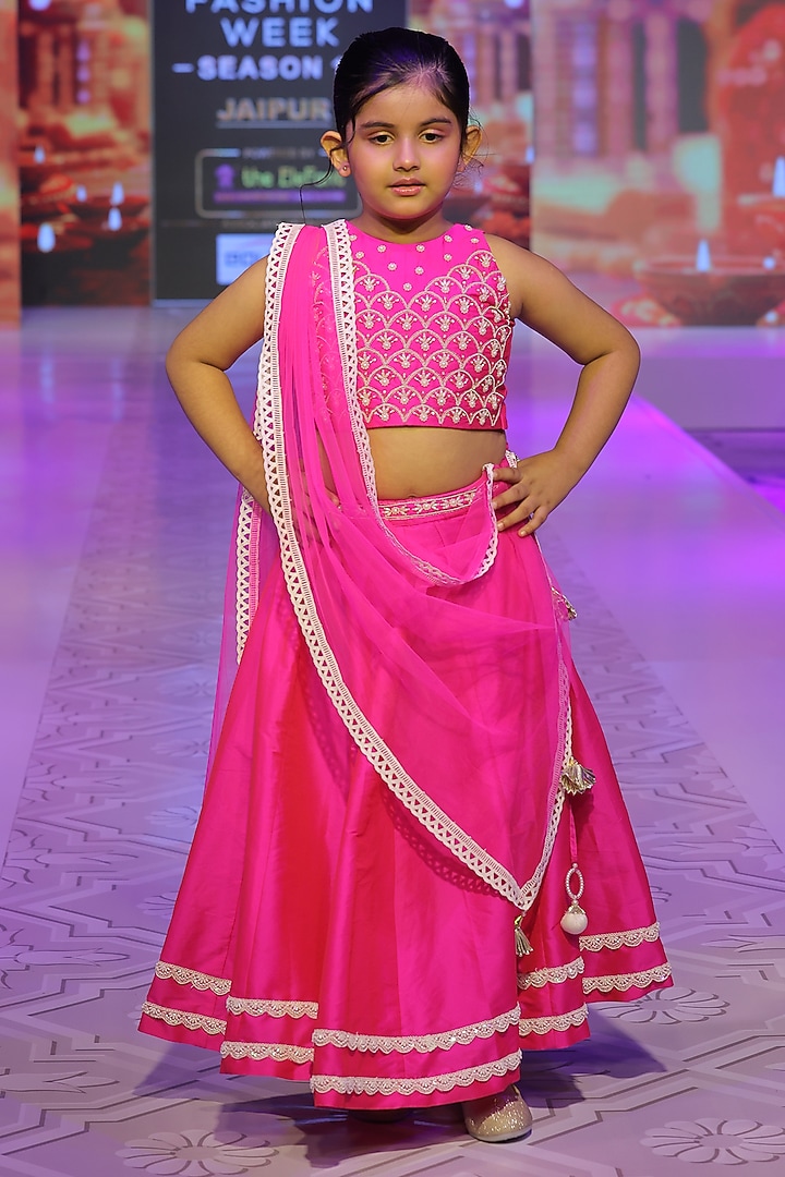 Fuchsia Pink Taffeta Silk Hand Embroidered Lehenga Set For Girls by Yuvrani Jaipur Kidswear at Pernia's Pop Up Shop