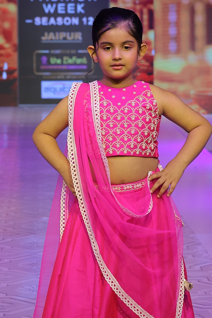 Fuchsia Pink Taffeta Silk Hand Embroidered Lehenga Set For Girls by Yuvrani Jaipur Kidswear at Pernia's Pop Up Shop