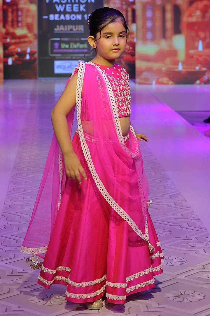 Fuchsia Pink Taffeta Silk Hand Embroidered Lehenga Set For Girls by Yuvrani Jaipur Kidswear at Pernia's Pop Up Shop