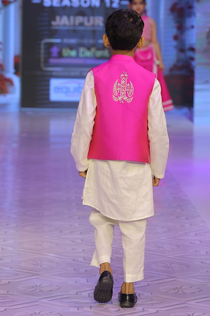 Fuchsia Pink Taffeta Silk Hand Embroidered Nehru Jacket Set For Boys by Yuvrani Jaipur Kidswear at Pernia's Pop Up Shop