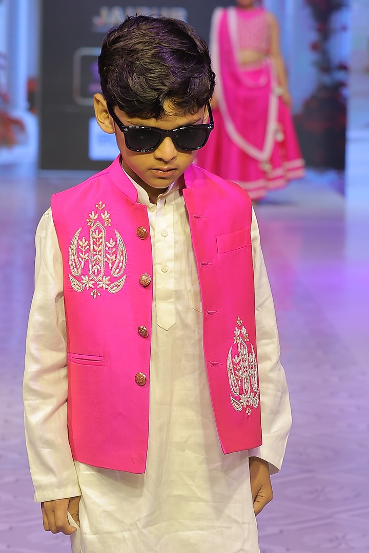 Fuchsia Pink Taffeta Silk Hand Embroidered Nehru Jacket Set For Boys by Yuvrani Jaipur Kidswear at Pernia's Pop Up Shop