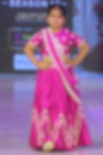 Magenta Pink Taffeta Silk Hand Embroidered Lehenga Set For Girls by Yuvrani Jaipur Kidswear at Pernia's Pop Up Shop