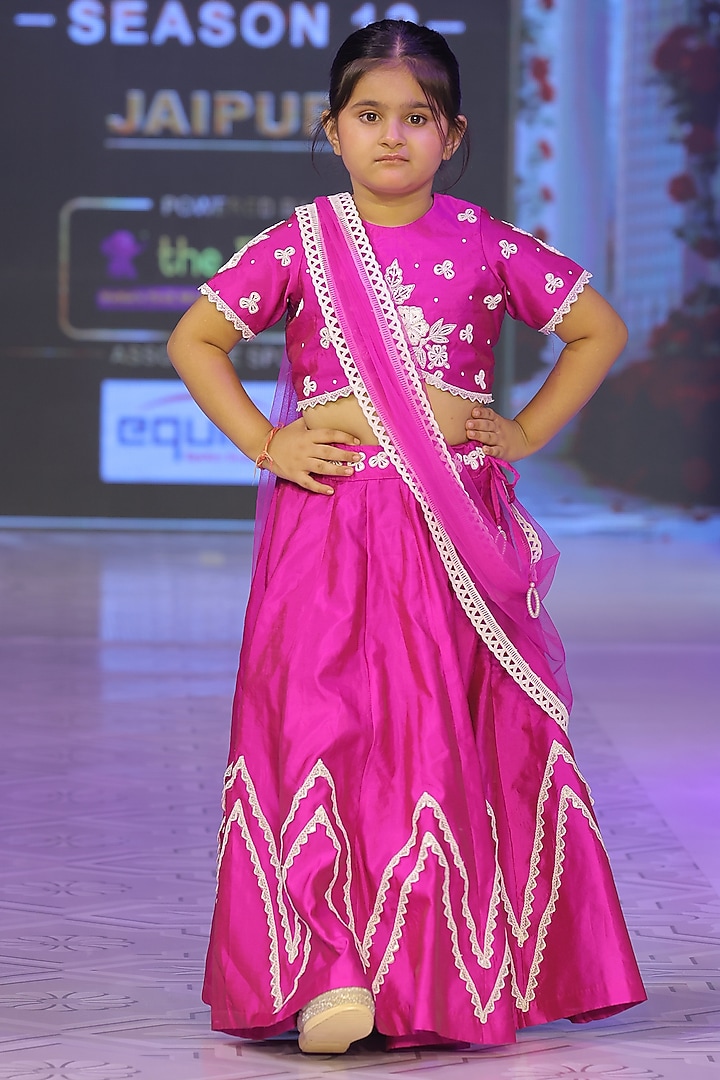 Magenta Pink Taffeta Silk Hand Embroidered Lehenga Set For Girls by Yuvrani Jaipur Kidswear at Pernia's Pop Up Shop