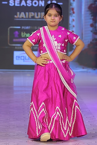 Magenta Pink Taffeta Silk Hand Embroidered Lehenga Set For Girls by Yuvrani Jaipur Kidswear
