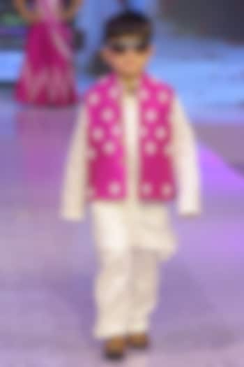 Magenta Pink Taffeta Silk Hand Embroidered Nehru Jacket Set For Boys by Yuvrani Jaipur Kidswear at Pernia's Pop Up Shop