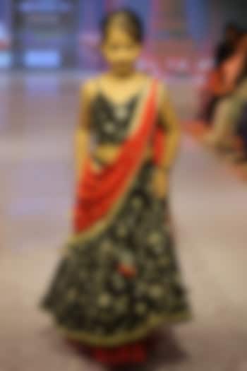 Black Silk Embroidered Lehenga Set For Girls by Yuvrani Jaipur Kidswear at Pernia's Pop Up Shop