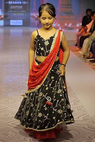 Black Silk Embroidered Lehenga Set For Girls by Yuvrani Jaipur Kidswear
