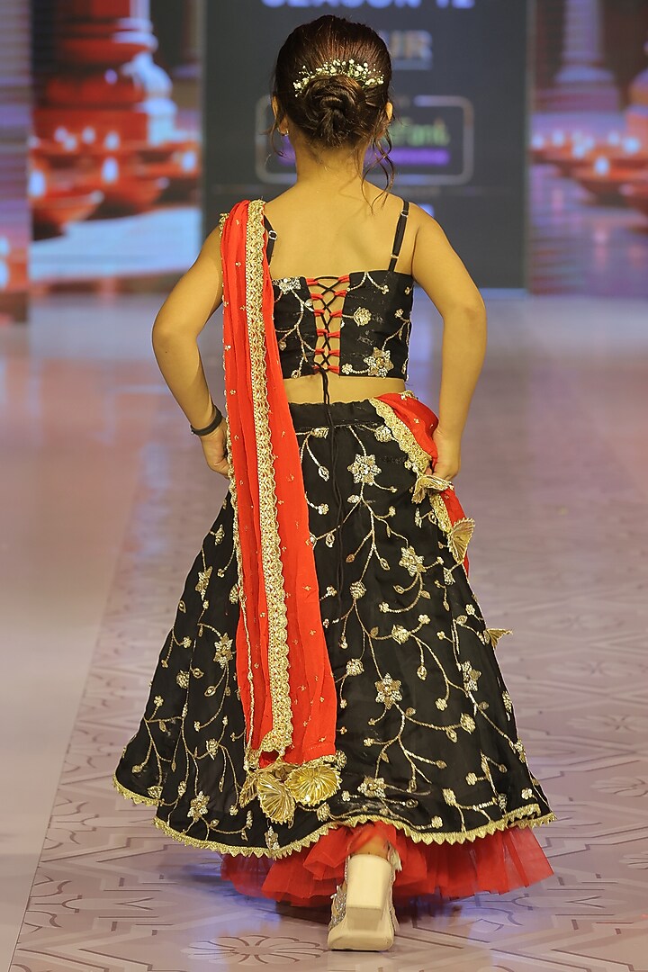 Black Silk Embroidered Lehenga Set For Girls by Yuvrani Jaipur Kidswear at Pernia's Pop Up Shop