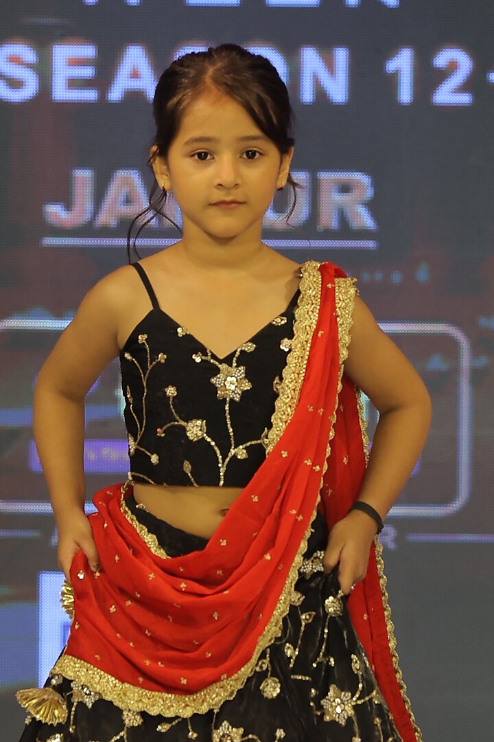 Black Silk Embroidered Lehenga Set For Girls by Yuvrani Jaipur Kidswear at Pernia's Pop Up Shop
