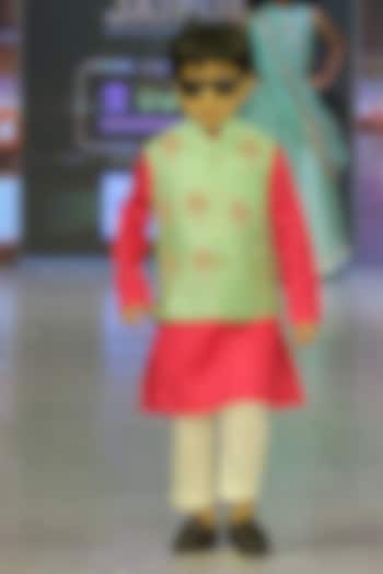 Sage Green Taffeta Silk Hand Embroidered Nehru Jacket Set For Boys by Yuvrani Jaipur Kidswear at Pernia's Pop Up Shop