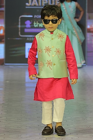 Sage Green Taffeta Silk Hand Embroidered Nehru Jacket Set For Boys by Yuvrani Jaipur Kidswear