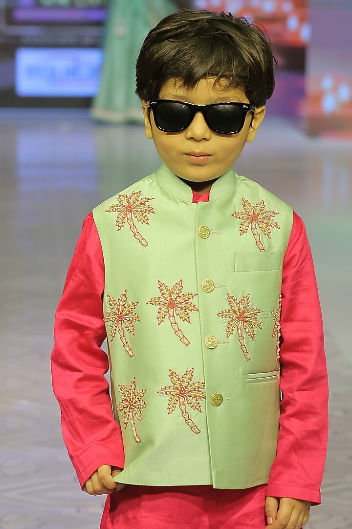 Sage Green Taffeta Silk Hand Embroidered Nehru Jacket Set For Boys by Yuvrani Jaipur Kidswear at Pernia's Pop Up Shop