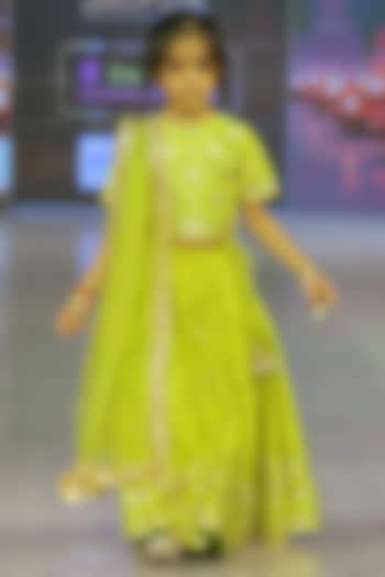 Neon Green Silk Hand Embroidered Lehenga Set For Girls by Yuvrani Jaipur Kidswear at Pernia's Pop Up Shop