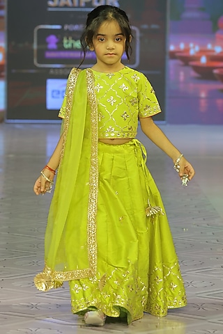 Neon Green Silk Hand Embroidered Lehenga Set For Girls by Yuvrani Jaipur Kidswear