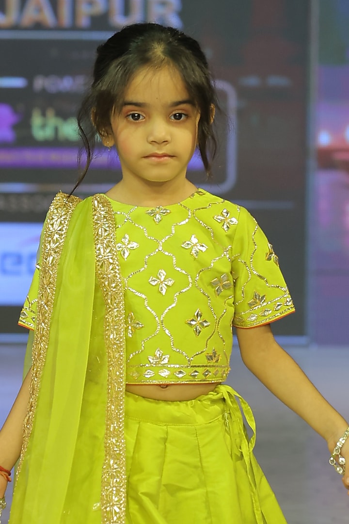 Neon Green Silk Hand Embroidered Lehenga Set For Girls by Yuvrani Jaipur Kidswear at Pernia's Pop Up Shop