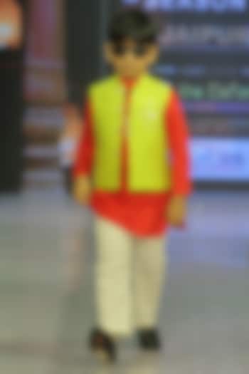 Neon Green Taffeta Silk Hand Embroidered Nehru Jacket Set For Boys by Yuvrani Jaipur Kidswear at Pernia's Pop Up Shop