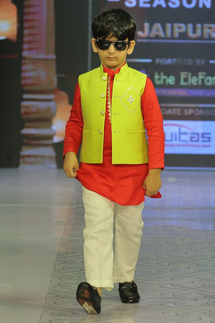 Neon Green Taffeta Silk Hand Embroidered Nehru Jacket Set For Boys by Yuvrani Jaipur Kidswear at Pernia's Pop Up Shop