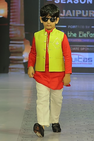 Neon Green Taffeta Silk Hand Embroidered Nehru Jacket Set For Boys by Yuvrani Jaipur Kidswear
