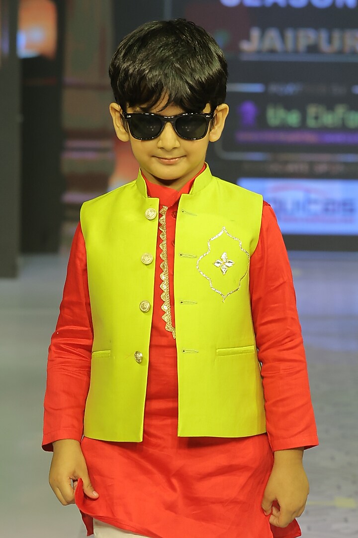 Neon Green Taffeta Silk Hand Embroidered Nehru Jacket Set For Boys by Yuvrani Jaipur Kidswear at Pernia's Pop Up Shop