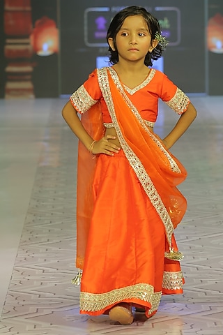 Candy Orange Silk Embroidered Lehenga Set For Girls by Yuvrani Jaipur Kidswear