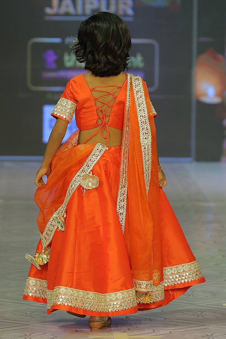 Candy Orange Silk Embroidered Lehenga Set For Girls by Yuvrani Jaipur Kidswear at Pernia's Pop Up Shop
