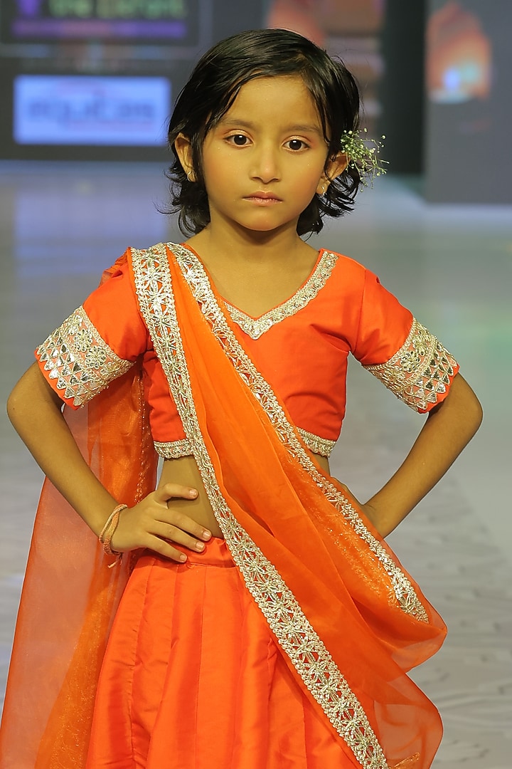 Candy Orange Silk Embroidered Lehenga Set For Girls by Yuvrani Jaipur Kidswear at Pernia's Pop Up Shop