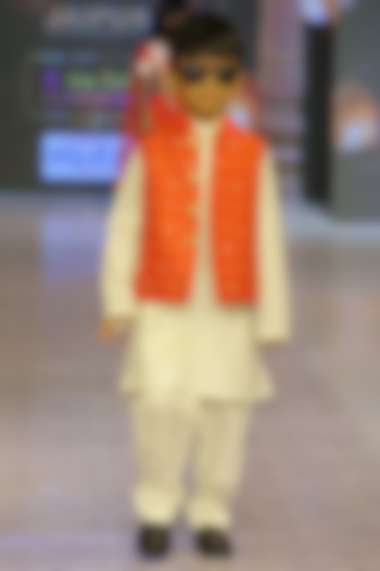 Candy Orange Taffeta Silk Hand Embroidered Nehru Jacket Set For Boys by Yuvrani Jaipur Kidswear at Pernia's Pop Up Shop