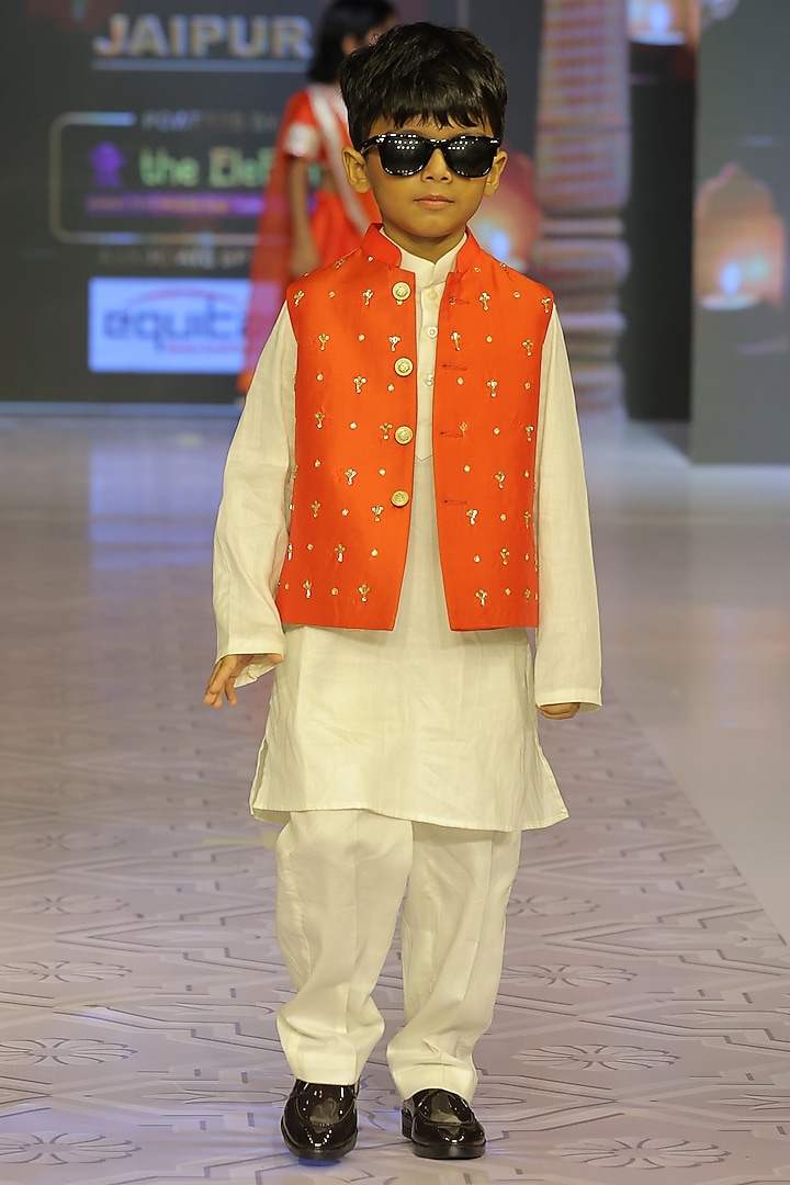 Candy Orange Taffeta Silk Hand Embroidered Nehru Jacket Set For Boys by Yuvrani Jaipur Kidswear at Pernia's Pop Up Shop