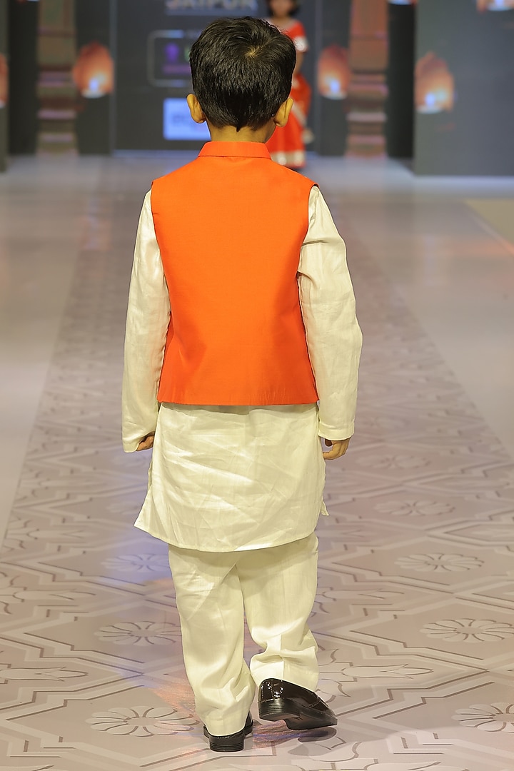 Candy Orange Taffeta Silk Hand Embroidered Nehru Jacket Set For Boys by Yuvrani Jaipur Kidswear at Pernia's Pop Up Shop
