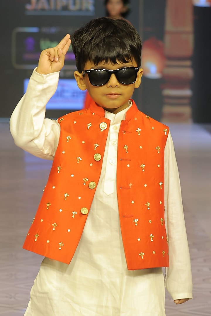 Candy Orange Taffeta Silk Hand Embroidered Nehru Jacket Set For Boys by Yuvrani Jaipur Kidswear at Pernia's Pop Up Shop