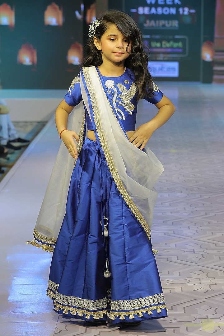 Navy Blue Taffeta Silk Lehenga Set For Girls by Yuvrani Jaipur Kidswear at Pernia's Pop Up Shop